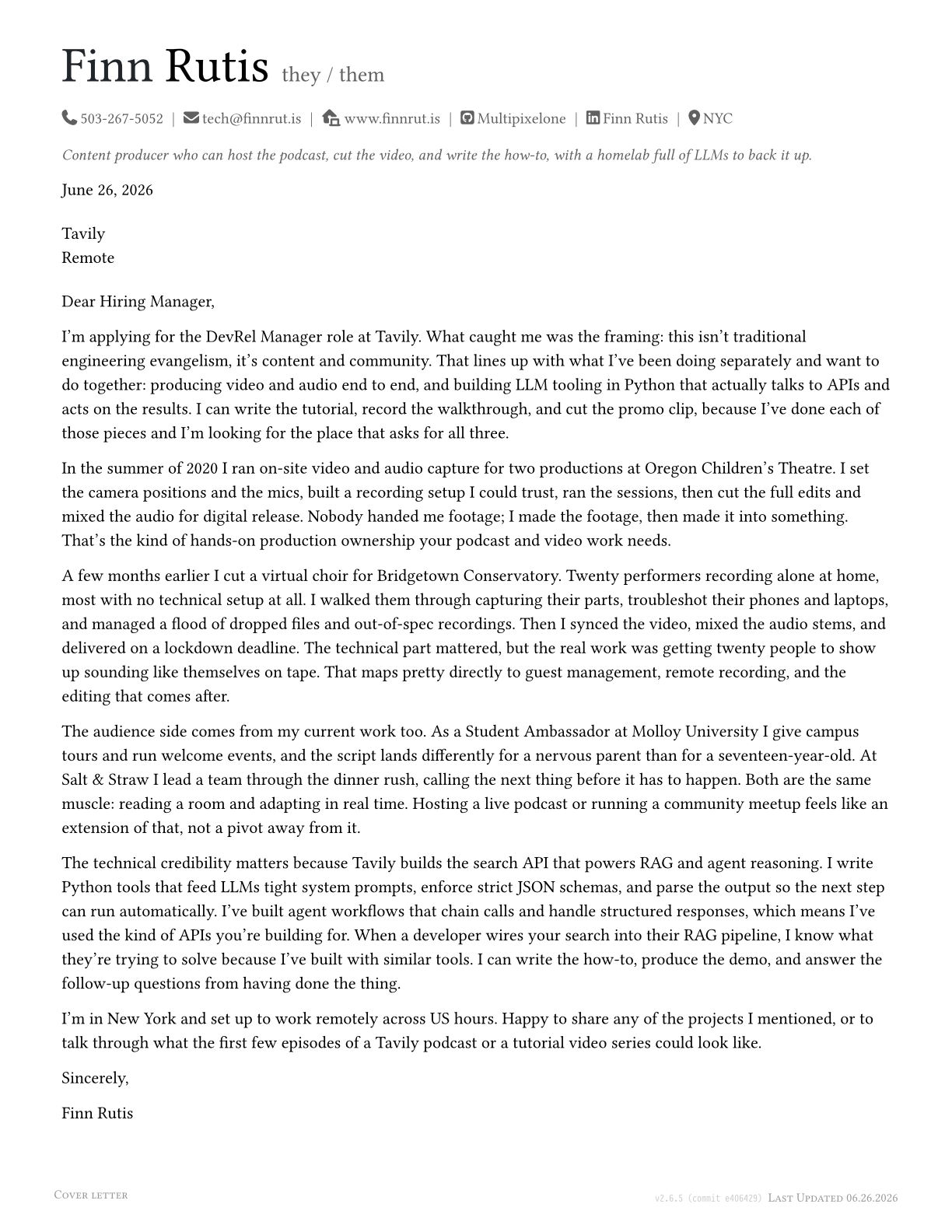tavily-cover-letter preview